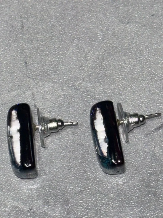 Handcrafted Dichroic Fused Glass Earrings w/ blue and silver shimmering pattern - Picture 5 of 7